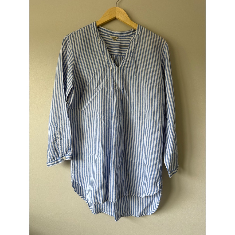 LL Bean Womens Blue White Striped 100% Linen Split Neck Tunic Top M 504808